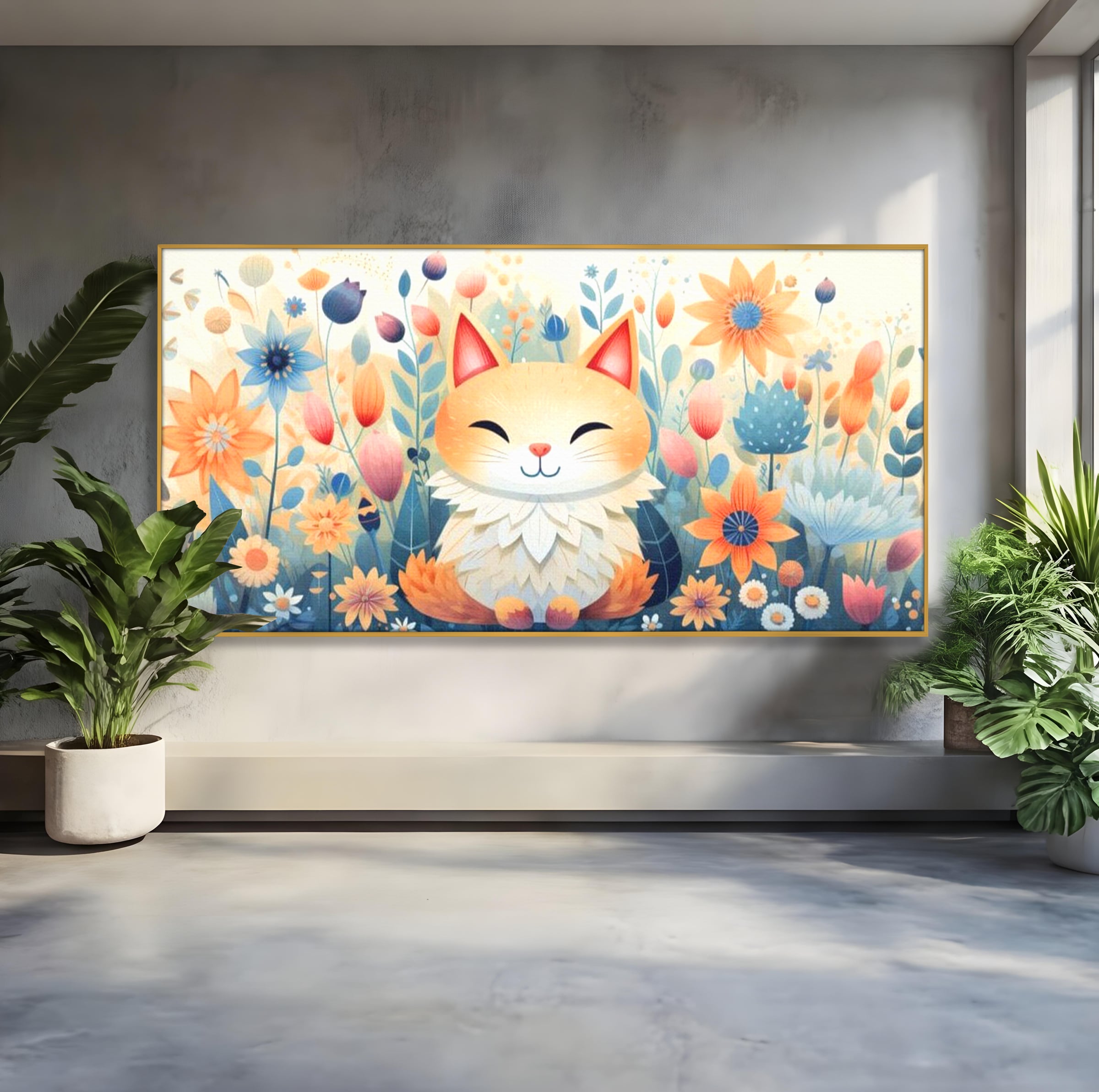 Tablou canvas cu tablou canvas cu pisicuta in gradina cu flori, in rama de aluminiu auriu
